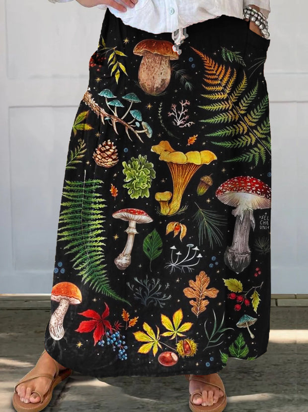 Women's Vintage Mushroom Print Elastic Waist Pocket Casual Skirt
