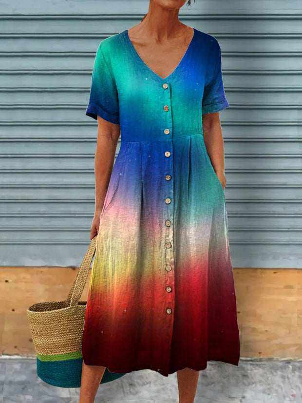 Colorful Tie-Dye Printed Vintage Round Neck Button Short Sleeve Loose Maxi Dress