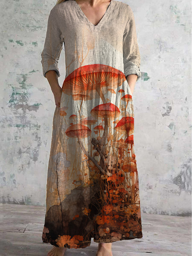 Retro Mushroom Art Print Chic V Neck Three Quarter Sleeve Elegant Midi Dress