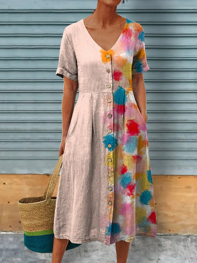 Color Lump Printed Vintage Round Neck Button Short Sleeve Loose Maxi Dress