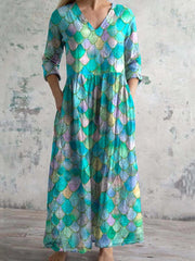 Vintage Colorful Plaid Argyle Art Print Chic V-Neck Long Sleeve Elegant Midi Dress