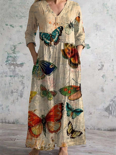 Vintage Butterfly Art Printed Chic V-Neck Three-Quarter Sleeve Elegant Midi Dress