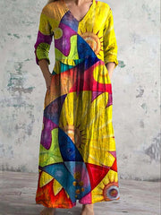 Vintage Colorful Art Print Chic V Neck Long Sleeve Elegant Midi Dress