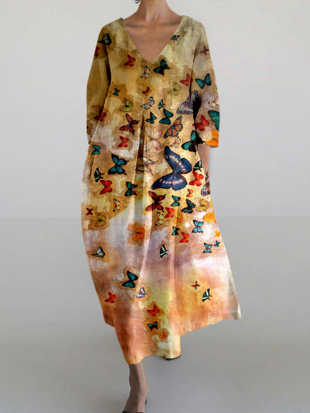 Butterfly Art Printed Vintage V-Neck Long Sleeve Loose Maxi Dress