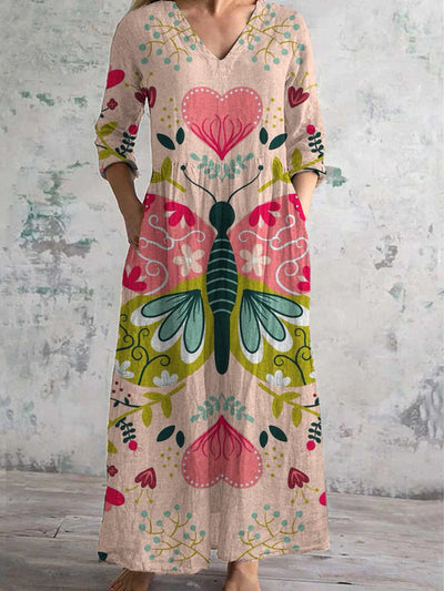 Vintage Butterfly Art Printed Chic V-Neck Three-Quarter Sleeve Elegant Midi Dress
