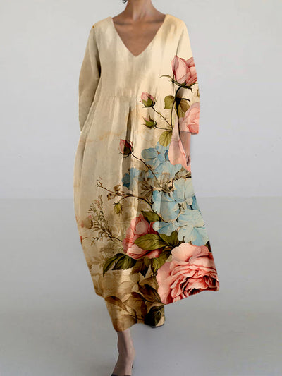 Elegant Floral Printed Vintage V-Neck Long Sleeve Loose Maxi Dress