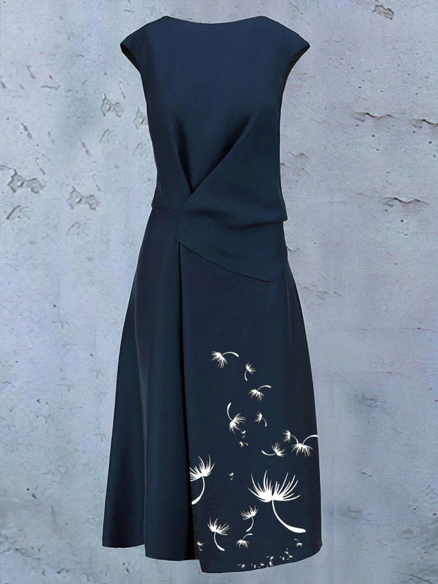 Retro Dandelion Art Print Chic Round Neck Sleeveless Elegant Midi Dress
