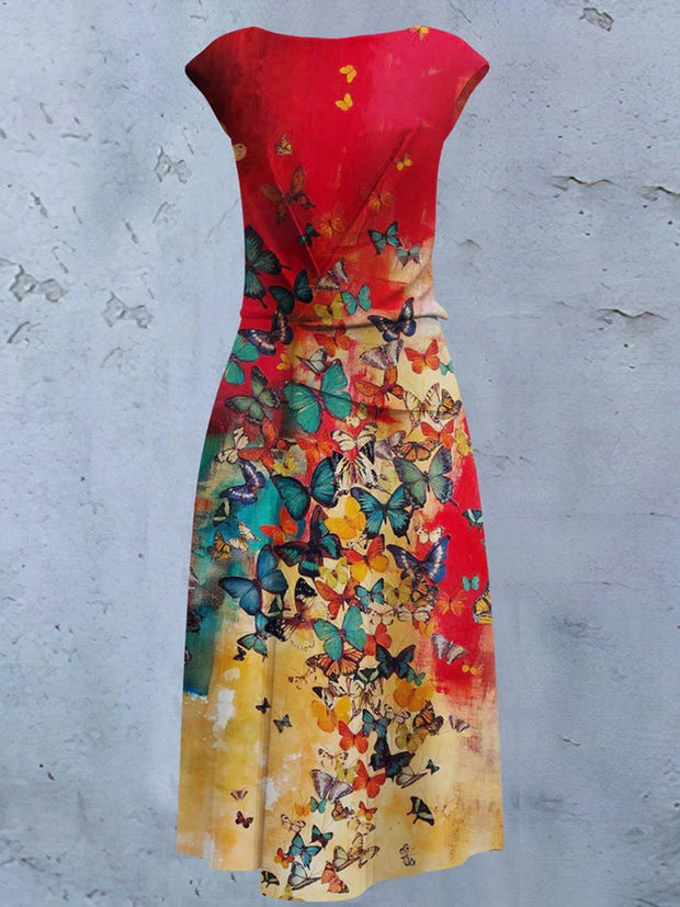 Retro Butterfly Art Print Chic Round Neck Sleeveless Elegant Midi Dress