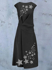 Retro Star Sequin Art Print Chic Round Neck Sleeveless Elegant Midi Dress