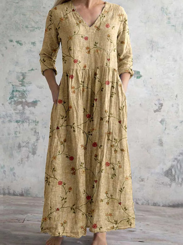 Vintage Floral Art Print Chic V-Neck Long Sleeve Elegant Midi Dress