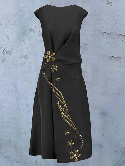 Chic Round Neck Sleeveless Elegant Midi Dress With Retro Floral Art Print