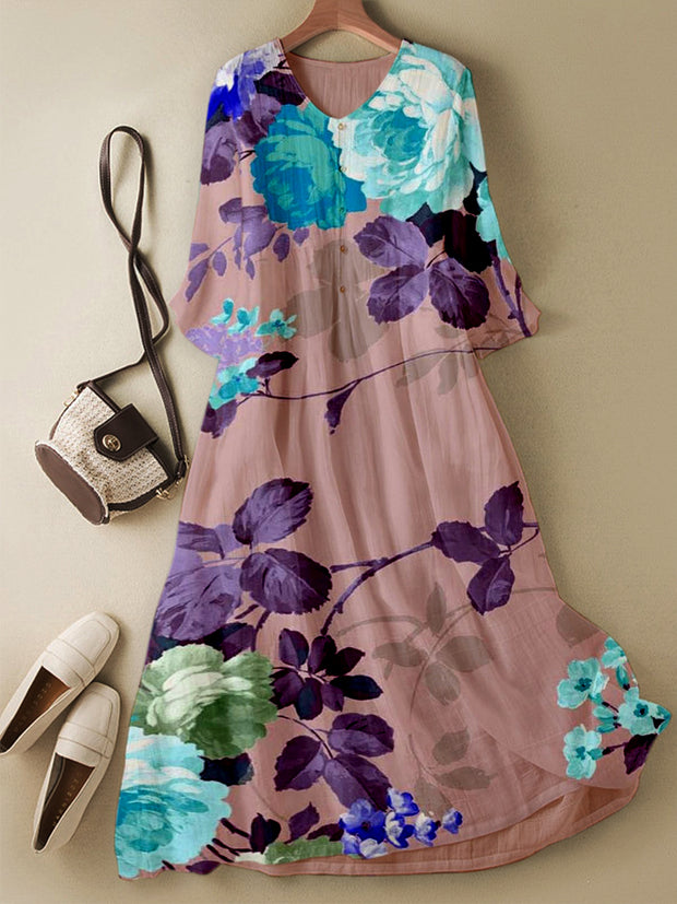 Retro Floral Printed V-Neck Elegant Chic Loose Long Sleeve Midi Dress