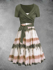 Vintage Gradient Stripe Print Vintage Cross-Fold Short Sleeve Two-Piece Midi Dress