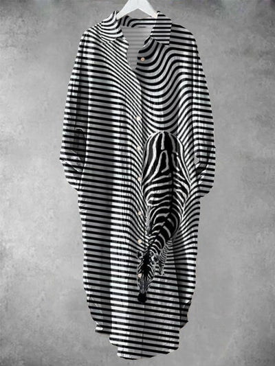 Vintage Zebra Art Print Chic Long Sleeve Casual V-Neck Button Up Loose Shirt Dress