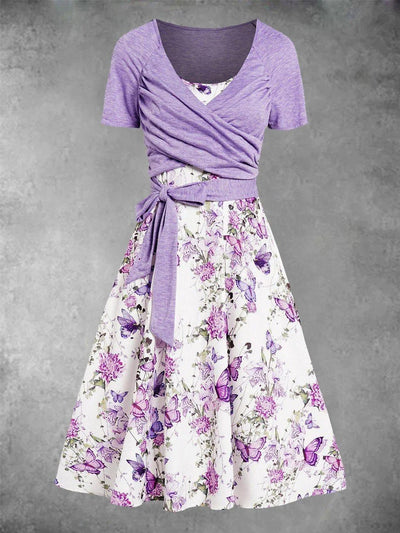 Retro Art Floral Print Retro Cross Fold Short Sleeve Two Piece Midi Dress