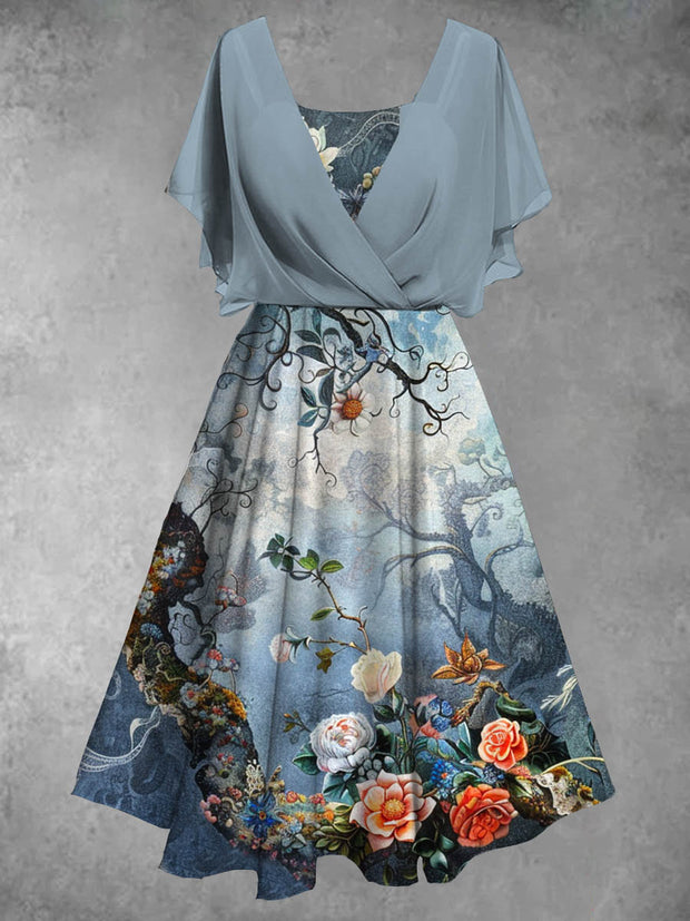 Retro Art Floral Print Retro Cross Fold Short Sleeve Two-Piece Temperament Midi Dress