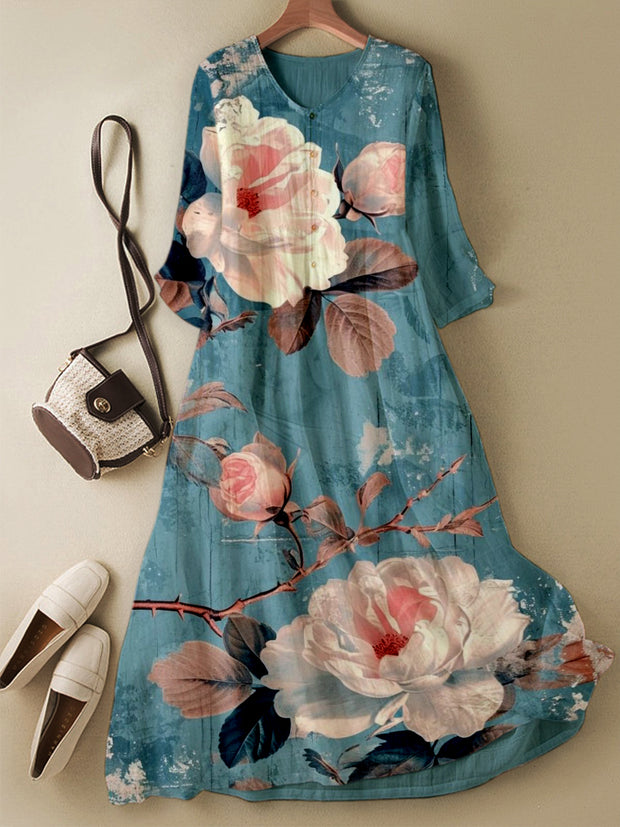 Retro Floral Printed V-Neck Elegant Chic Loose Long Sleeve Midi Dress