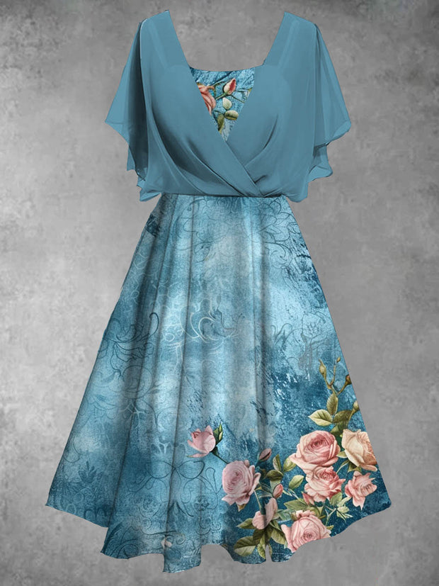 Retro Art Floral Print Retro Cross Fold Short Sleeve Two-Piece Temperament Midi Dress