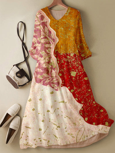 Abstract Color Printed V-Neck Elegant Chic Loose Long Sleeve Midi Dress