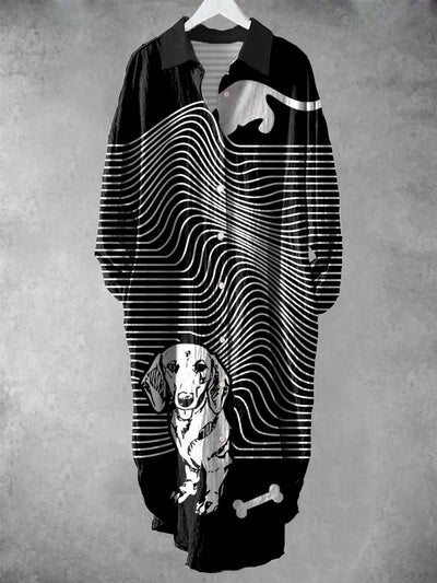 Retro Line Dog Art Print Chic Long Sleeve Casual V-Neck Buttoned Loose Shirt Dress