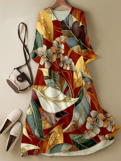 Retro Floral Paisley Printed V-Neck Elegant Chic Loose Long Sleeve Midi Dress