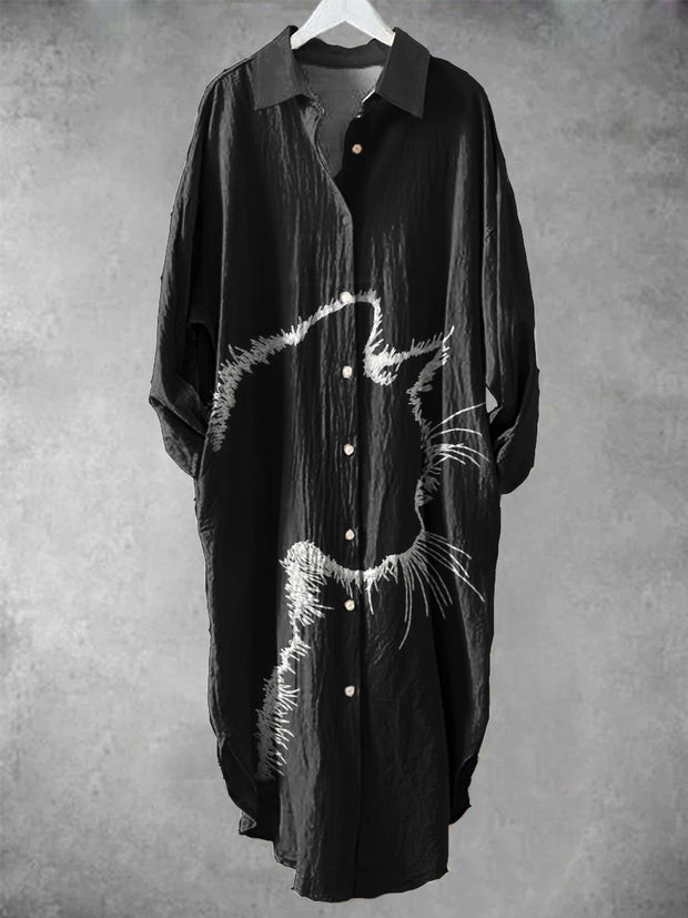 Vintage Cat Art Print Chic Long Sleeve Casual V-Neck Button Up Loose Shirt Dress