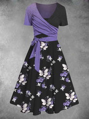 Vintage Butterfly Floral Print Vintage Cross-Fold Short Sleeve Two-Piece Midi Dress