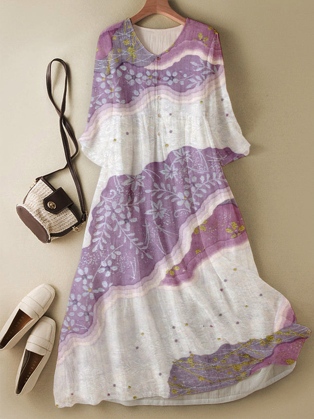 Retro Floral Paisley Printed V-Neck Elegant Chic Loose Long Sleeve Midi Dress