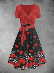 Retro Art Floral Print Retro Cross Fold Short Sleeve Two Piece Midi Dress