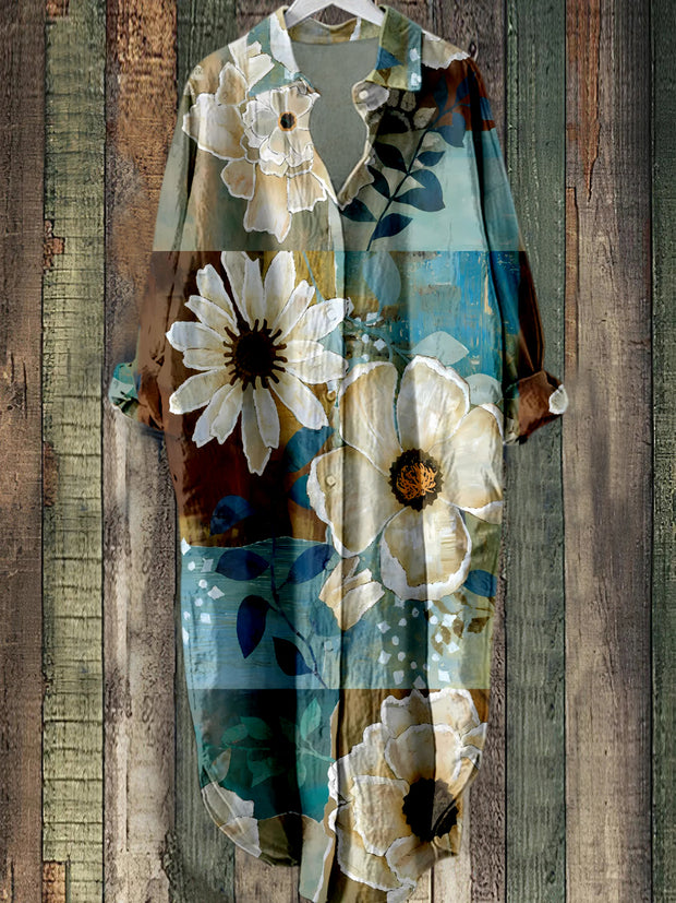 Retro Floral Printed Elegant Vintage Lapel Loose Long Sleeve Midi Shirt Dress