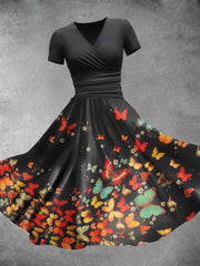 Vintage Butterfly Art Print V Neck Casual Fashion Short Sleeve Midi Dress