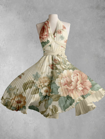 Retro Floral Printed V-Neck Halter Cross Strap Vintage Fashion Midi Dress