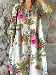 Vintage Floral Art Print Chic V-Neck Three-Quarter Sleeve Button Up Elegant Midi Dress
