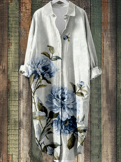 Retro Floral Printed Elegant Vintage Lapel Loose Long Sleeve Midi Shirt Dress