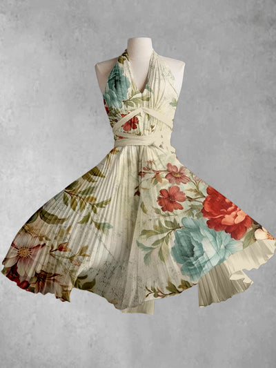 Retro Floral Printed V-Neck Halter Cross Strap Vintage Fashion Midi Dress