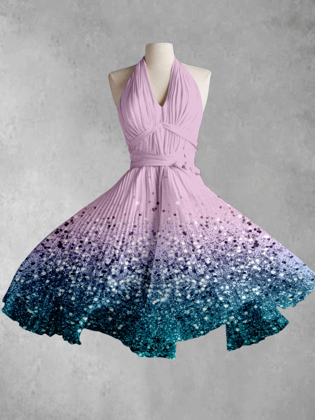 Fantasy Abstract Printed V-Neck Halter Cross Strap Vintage Fashion Midi Dress