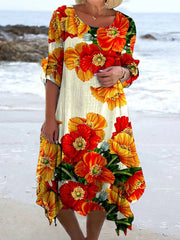 Vintage Floral Art Print Chic V Neck Three Quarter Sleeve Elegant Midi Dress with Round Neck