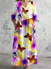 Vintage Butterfly Art Print Chic V Neck Three Quarter Sleeve Elegant Midi Dress