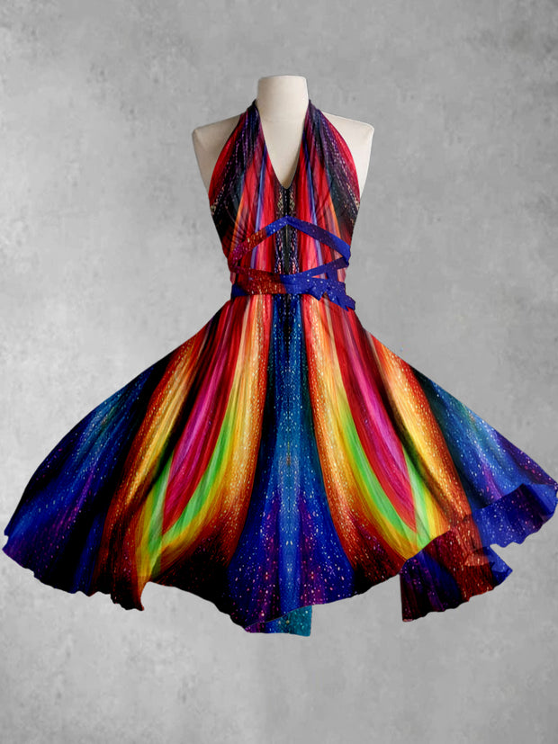 Fantasy Abstract Color Printed V-Neck Halter Cross Strap Vintage Fashion Midi Dress
