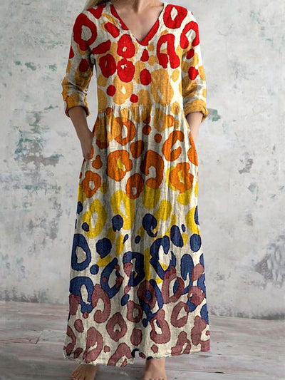 Vintage Ombre Leopard Art Print Chic V-Neck Three-Quarter Sleeve Elegant Midi Dress