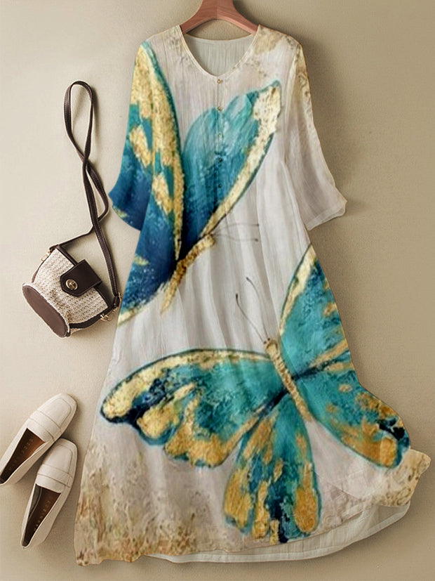 Butterfly Art Printed V-Neck Elegant Chic Loose Long Sleeve Midi Dress