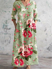 Vintage Floral Art Print Chic V Neck Three Quarter Sleeve Elegant Midi Dress