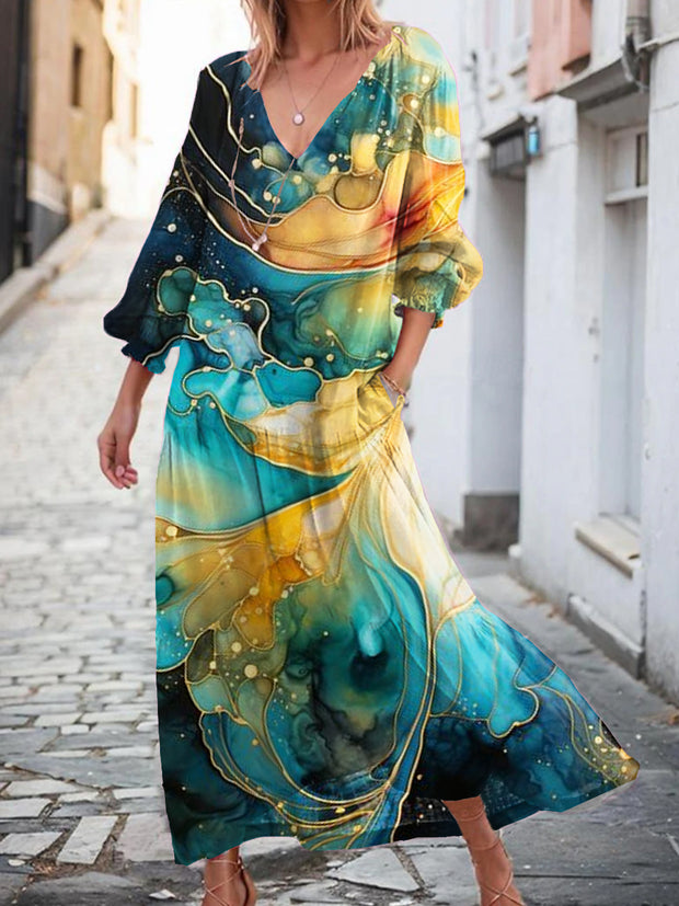 Vintage Marble Fluid Art Print Chic V Neck Long Sleeve Elegant Flowing Long Dress