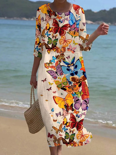 Women's Casual Round Neck Floral Art Print Elegant Dress