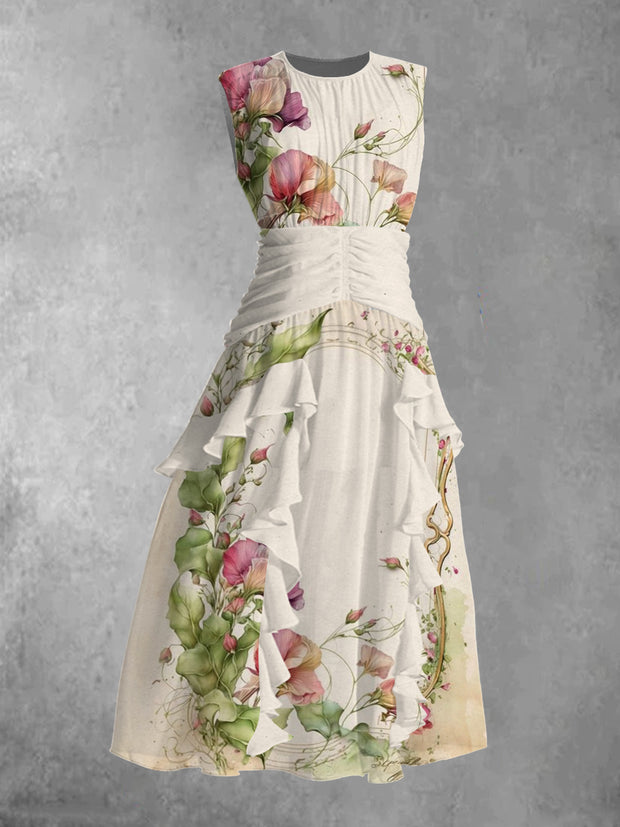 Women's Vintage Floral Art Print V-Neck Chiffon Sleeveless Maxi Dress