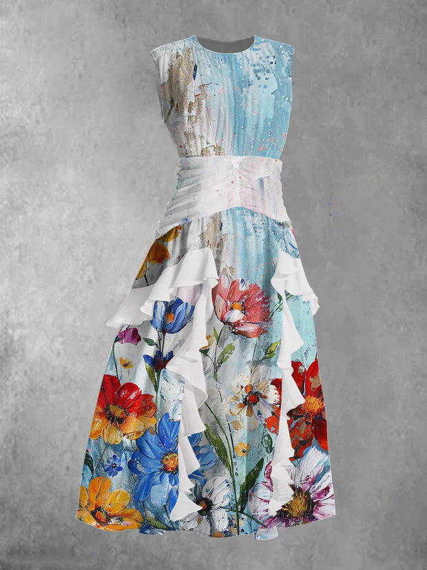 Women's Vintage Floral Art Print V-Neck Chiffon Sleeveless Maxi Dress