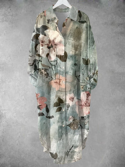 Women's Vintage Floral Print Shirt Midi Dress