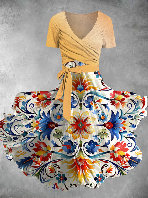 Women's Retro Ethnic Art Print Cross Fold Short Sleeve Midi Dress