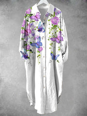 Women's Vintage Floral Print Shirt Midi Dress