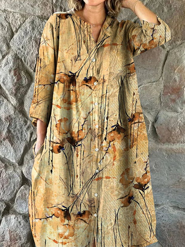 Printed V-Neck Vintage Fashion Long Sleeve Midi Dress